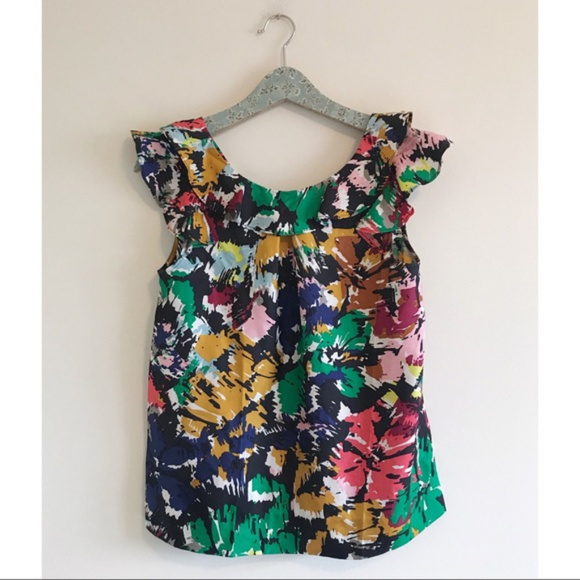 J Crew Silk Ruffle Brushstroke Top Multi Color - Picture 1 of 7